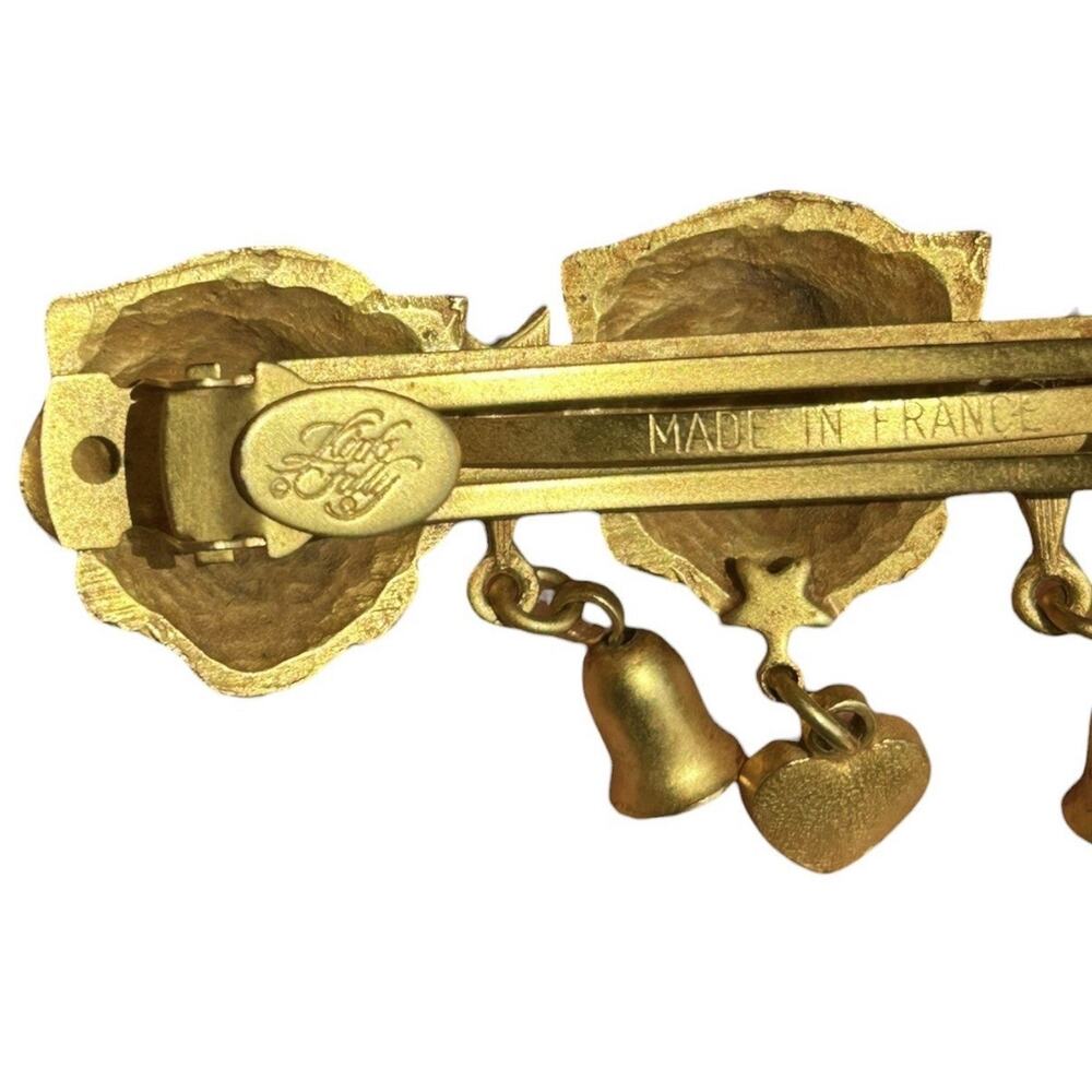 Vintage Kirks Folly Cat Barrette Gold Tone Made in France Rhinestone Heart Clip - Picture 3 of 5